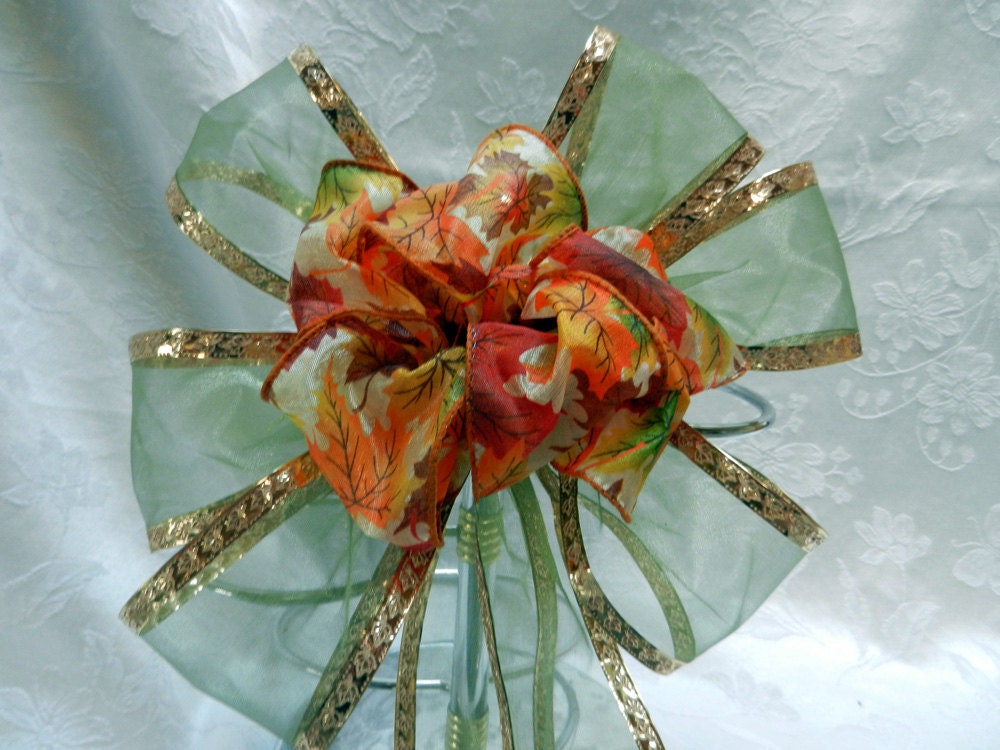 Fall/Autumn Bow fall leaves  on a sheer green with gold trim ribbon