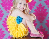 Circus Carnival Petti Romper in Yellow Red and Turquoise with Halter Tie Straps