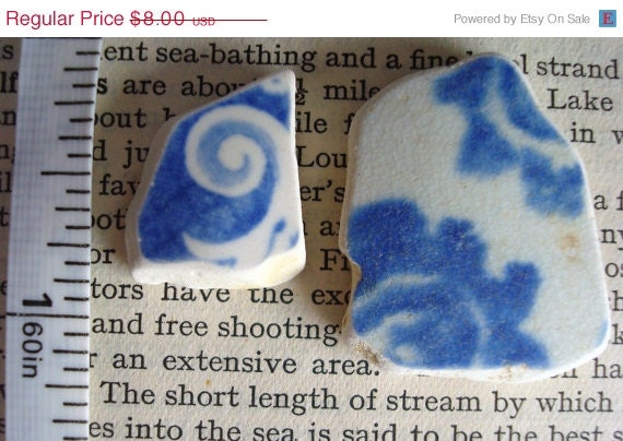 ON SALE Two Blue and White Sea Pottery Pieces Irish beach pottery