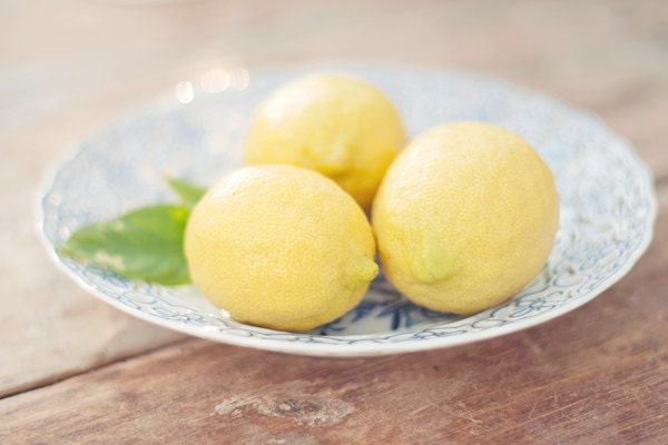 Food photography lemons on a plate kitchen decor - fine art photography print - vintage yellow blue lemon photograph summer shabby chic
