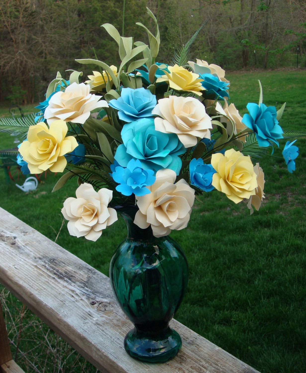 Mothers Day  Paper Flower Arrangement in  Aqua blue yellow and Ivory rose in Green Glass Vase