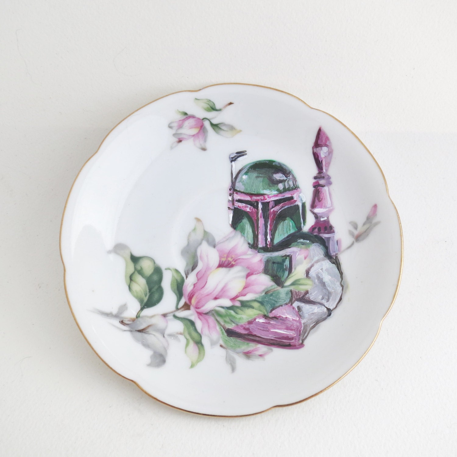 Boba Fett and Flowers, painted cameo portrait on vintage plate