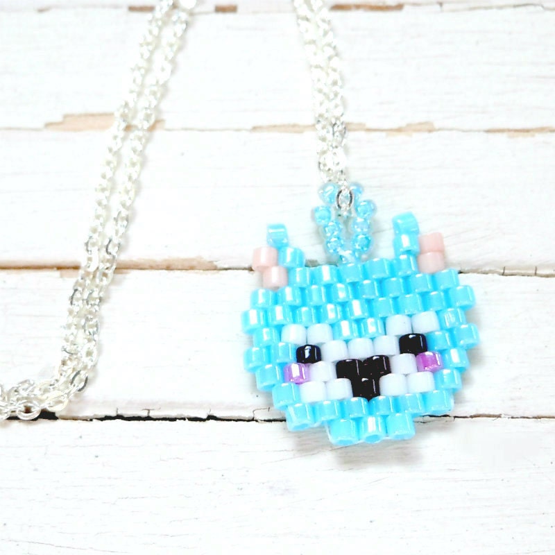 Cute Alpaca Necklace in Blue, Seed Bead Jewelry