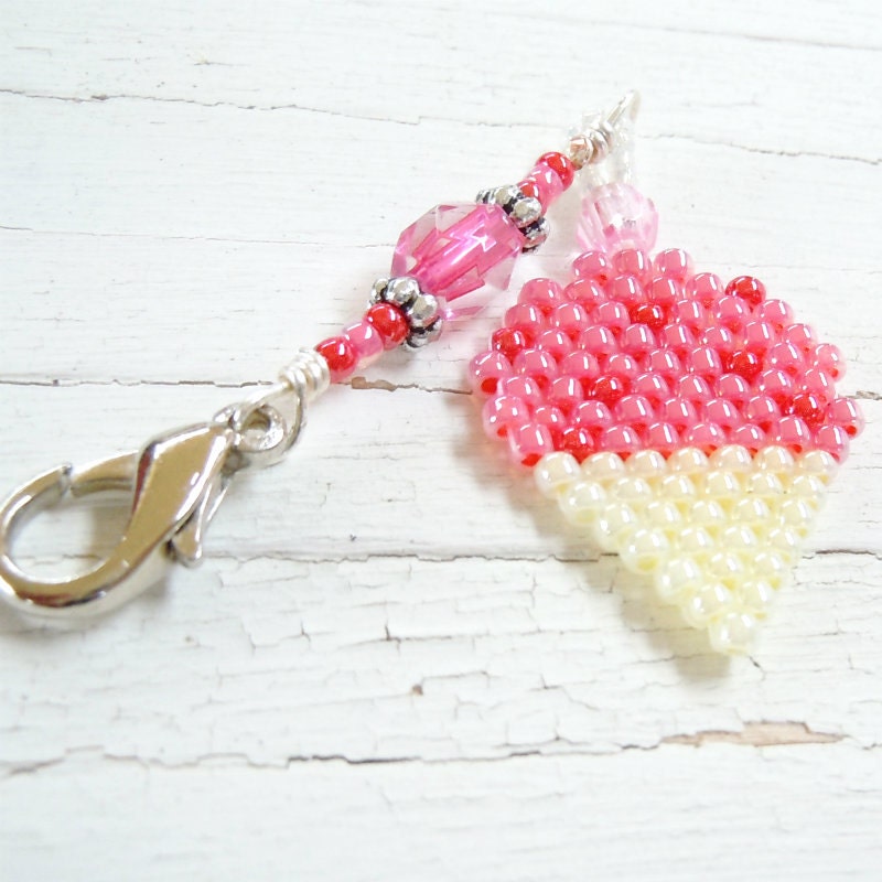 Strawberry Ice Cream Zipper Pull, Seed Bead Charm