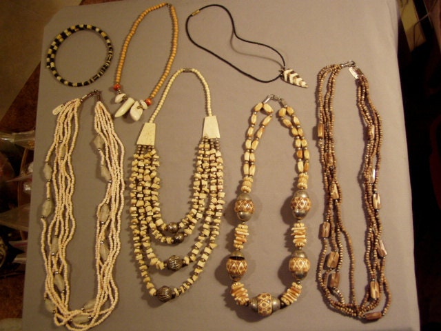 Vintage Lot Tribal Ethnic Carved Bone Bead 7 Necklaces  5044