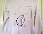 Geometric Minimalist Ladies Hand Painted Upcycled Long Sleeve TShirt UK 14 White Cotton