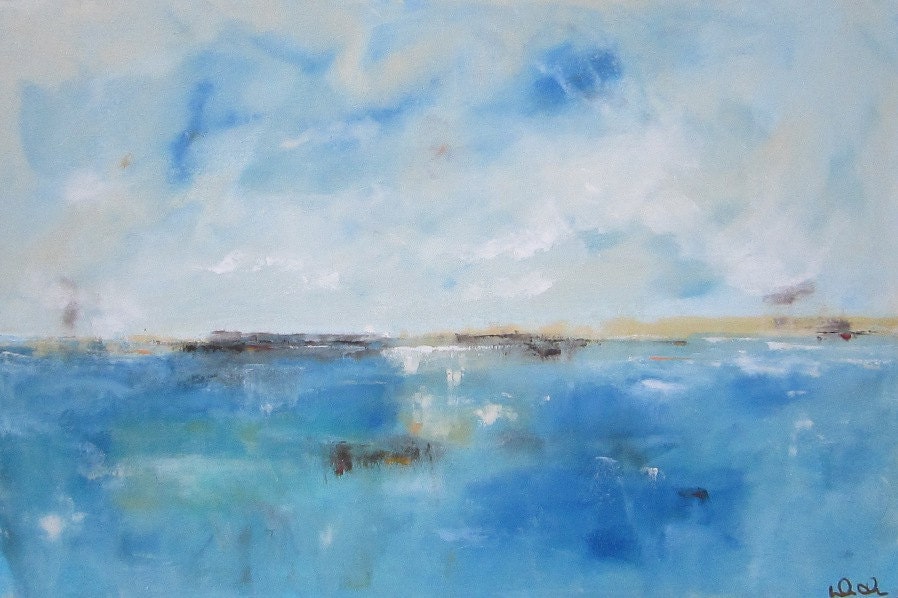 Blue Coastal Ocean Abstract Original Painting -Marina Blue 36 x 24