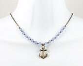 Anchor Necklace - Summer Jewelry - Vintage Style Antique Brass Anchor and Light Blue Seaglass Style Beaded Necklace - Beach Jewelry