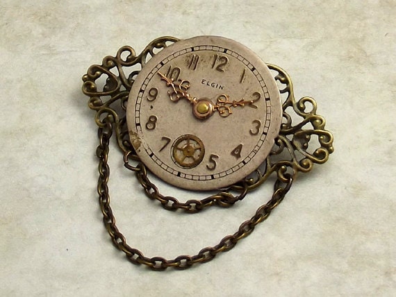 Steampunk Clock Brooch Watch Face, Victorian Style Antiqued Brass Chain