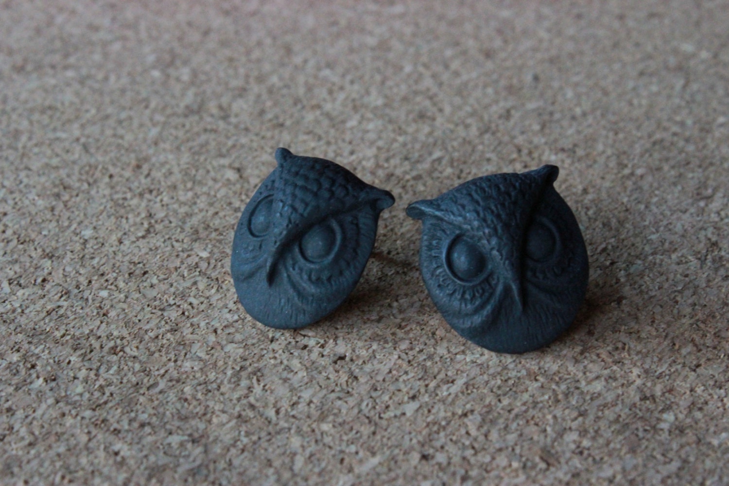 Matte Black Resin Cabochon Owl Stud Earrings