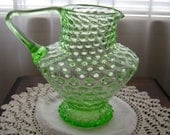 Vintage Fenton or Liberty Glass Depression Green Hobnail Applied Handle Pitcher