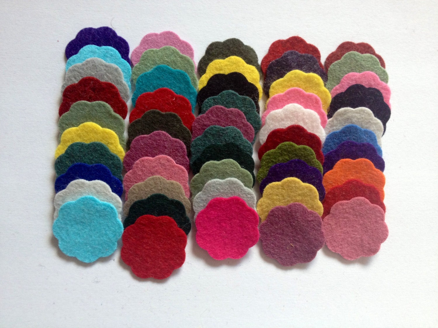Wool Felt Scallops 50 total - 1 1/8" Random Colored. 1728