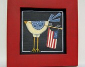 Patriotic, Chicken with American Flag, Framed in Red, Tole Painted, Framed Art