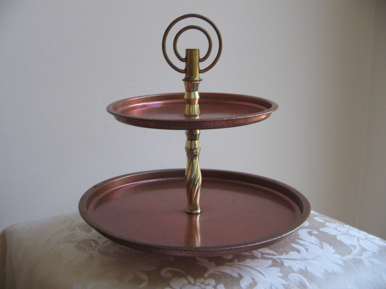 Vintage Metal Tray Serving Tidbit Tiered Pedestal, Mid Century Metalware, Rose Gold Metallic Speckled Magenta, SO COOL
