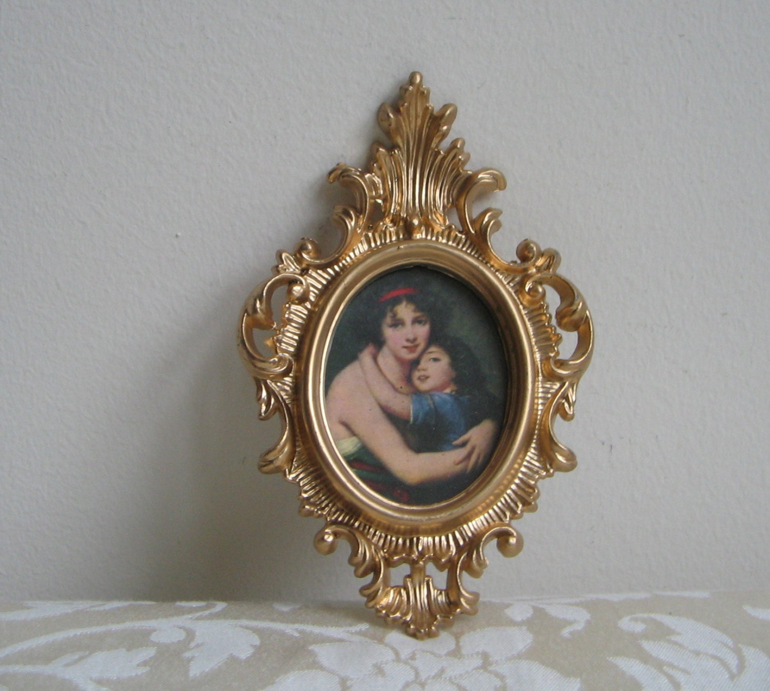 Vintage Ornate Gold Picture Frame Plastic, French Mother Child Portrait Wall Art Print of Madam Le Brun & Daughter