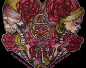 Day of the dead Tattoo Art Stretched Canvas Print, "Mi Corazon" 16 by 20 Lowbrow Tattoo home decor Sugar Skulls