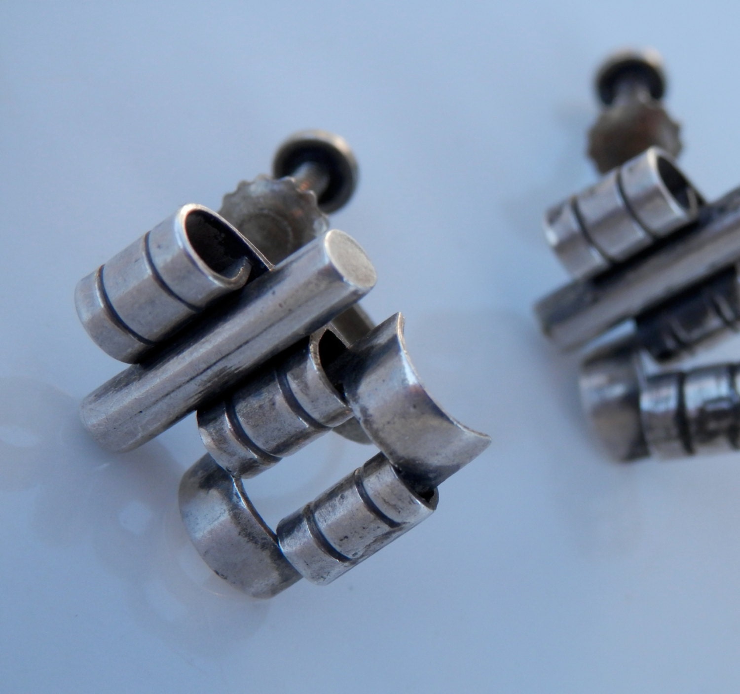 Vintage Machine Age Earrings Mexican Sterling Silver 1930s 1940s Taxco Screwbacks