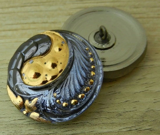 Czech glass Button Blue Gold Shank 27mm