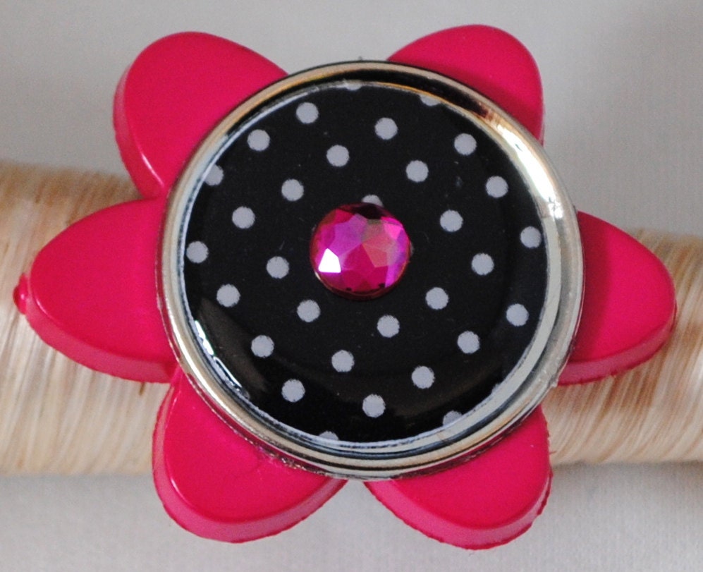 Polka dot ring button pink OOAK statement under 15 USD Spring fashion adjustable
