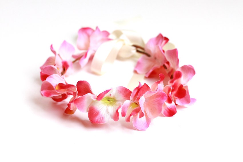 tickle me pink wild flower hair wreath / headband, wedding headpiece, flower crown, vintage inspired, peach, dainty small ribbon tie.
