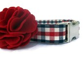 Red White Blue Dog Collar with Nickel Plate Hardware and Red Flower Accessory - American Gingham