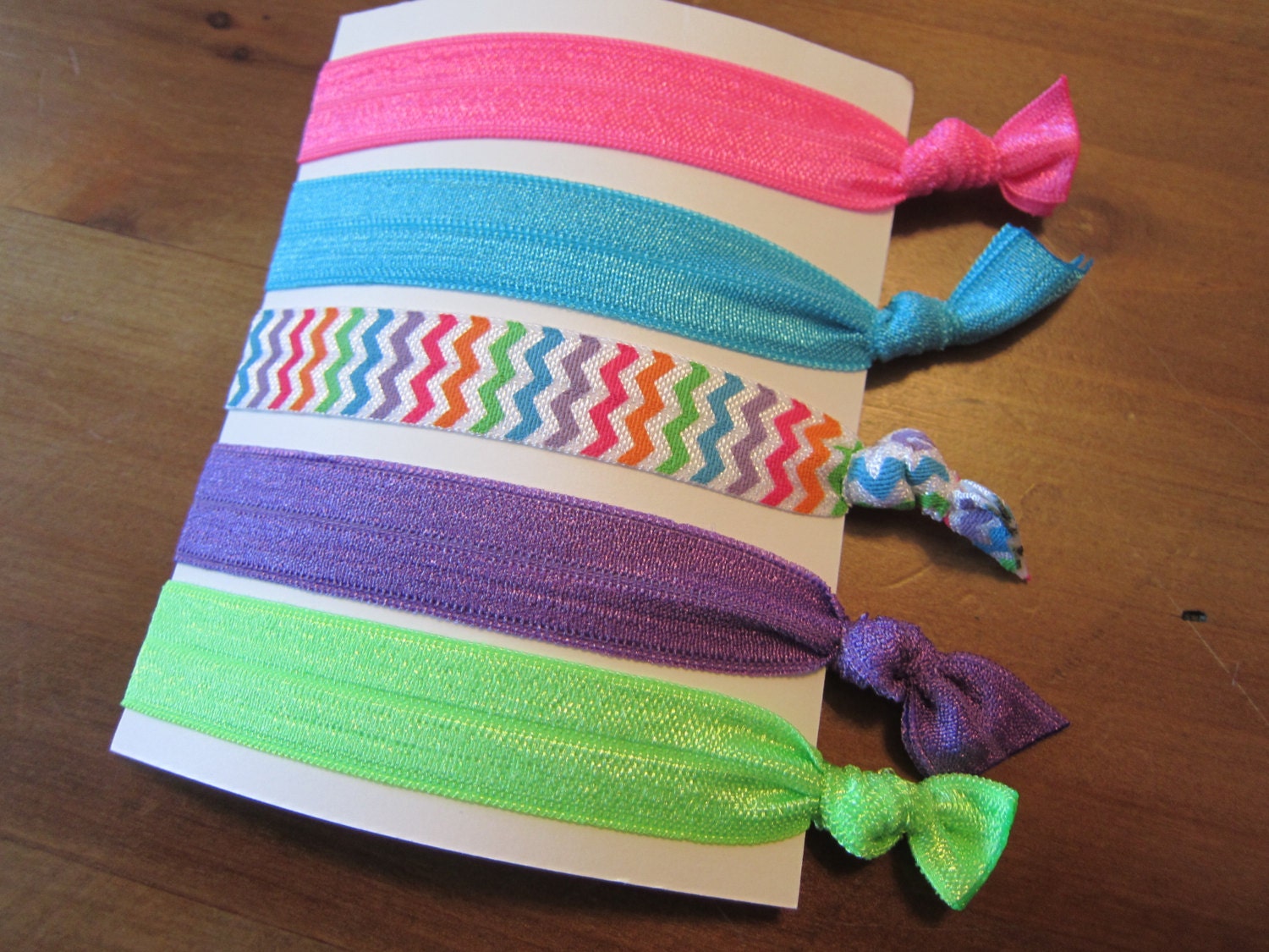 Set of Five (5) Soft Elastic Ponytail Holders Hairties Purple Green Pink Turquoise Chevron