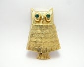 Vintage Solid perfume holder Gold tone Owl w Green Rhinestones