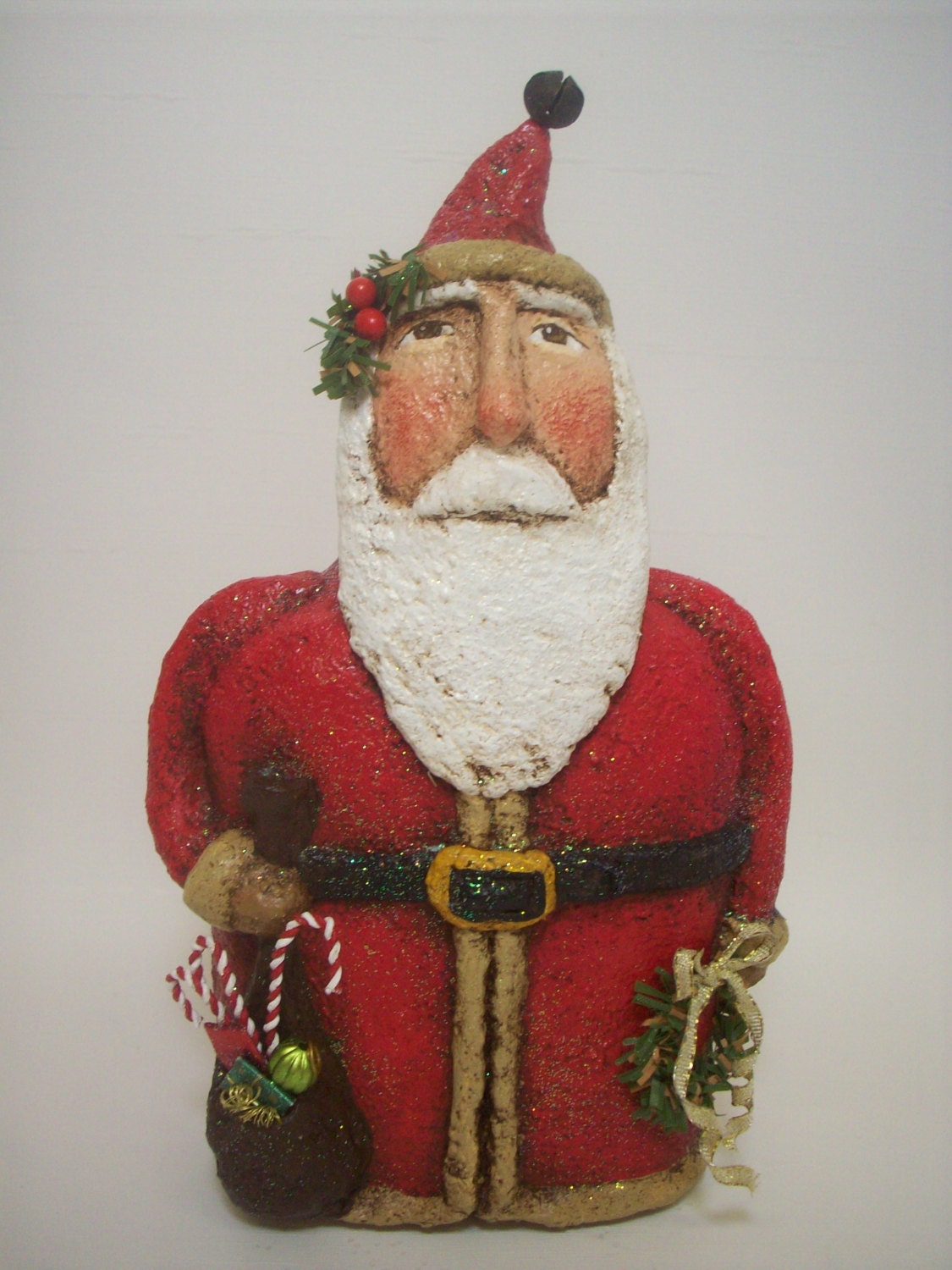 Primitive Paper Mache Folk Art Santa with Bag and Wreath