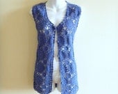 Long Crochet Vest- Small, Blue, Medium, Oversized, 90s, Hipster, Boho, Urban Outfitters