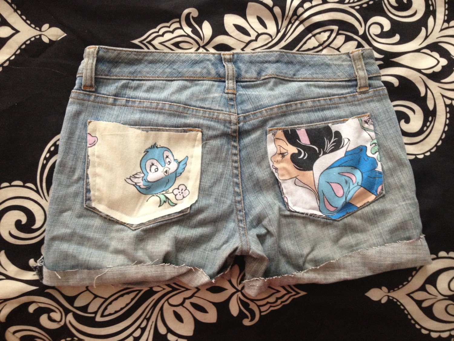 Vintage Snow White Destroyed Denim Jean Disney Princess Birthday Coachella Cuffed Party Disneyland Apple Seven Dwarfs Shorts