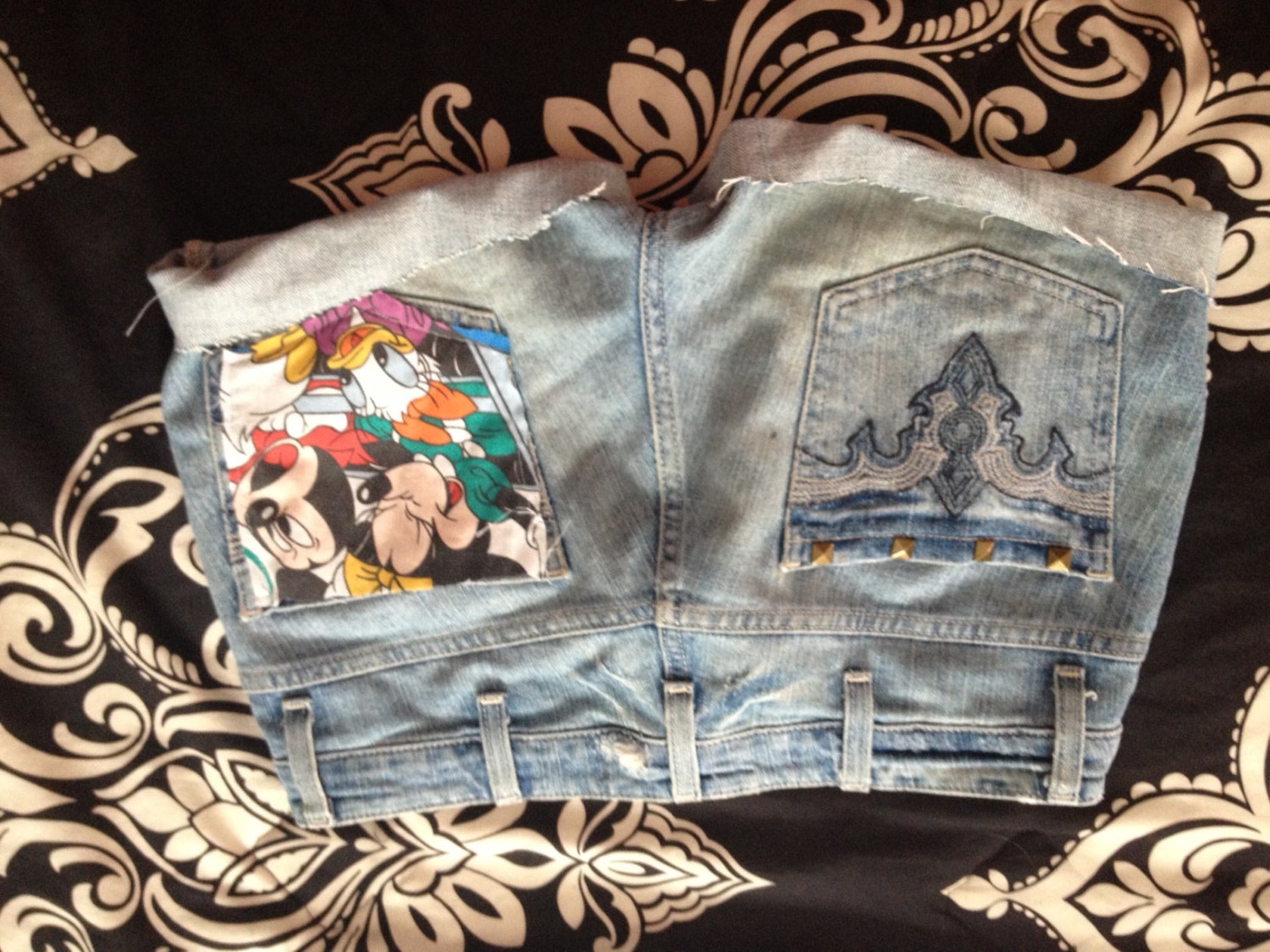 Mickey & Minnie Roller Coaster Stud Bronze Cuffed Disney Donald Daisy Duck  Coachella Vacation Disneyland Birthday Party Denim Jean Shorts