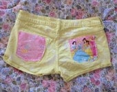 Princess Belle Sleeping Beauty Snow White Cinderella Disney Destroyed Acid Wash Disneyland Birthday Denim Coachella Yellow Jean Shorts
