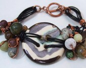 Unique Brown Kazuri Button and Gemstone Brass Bracelet