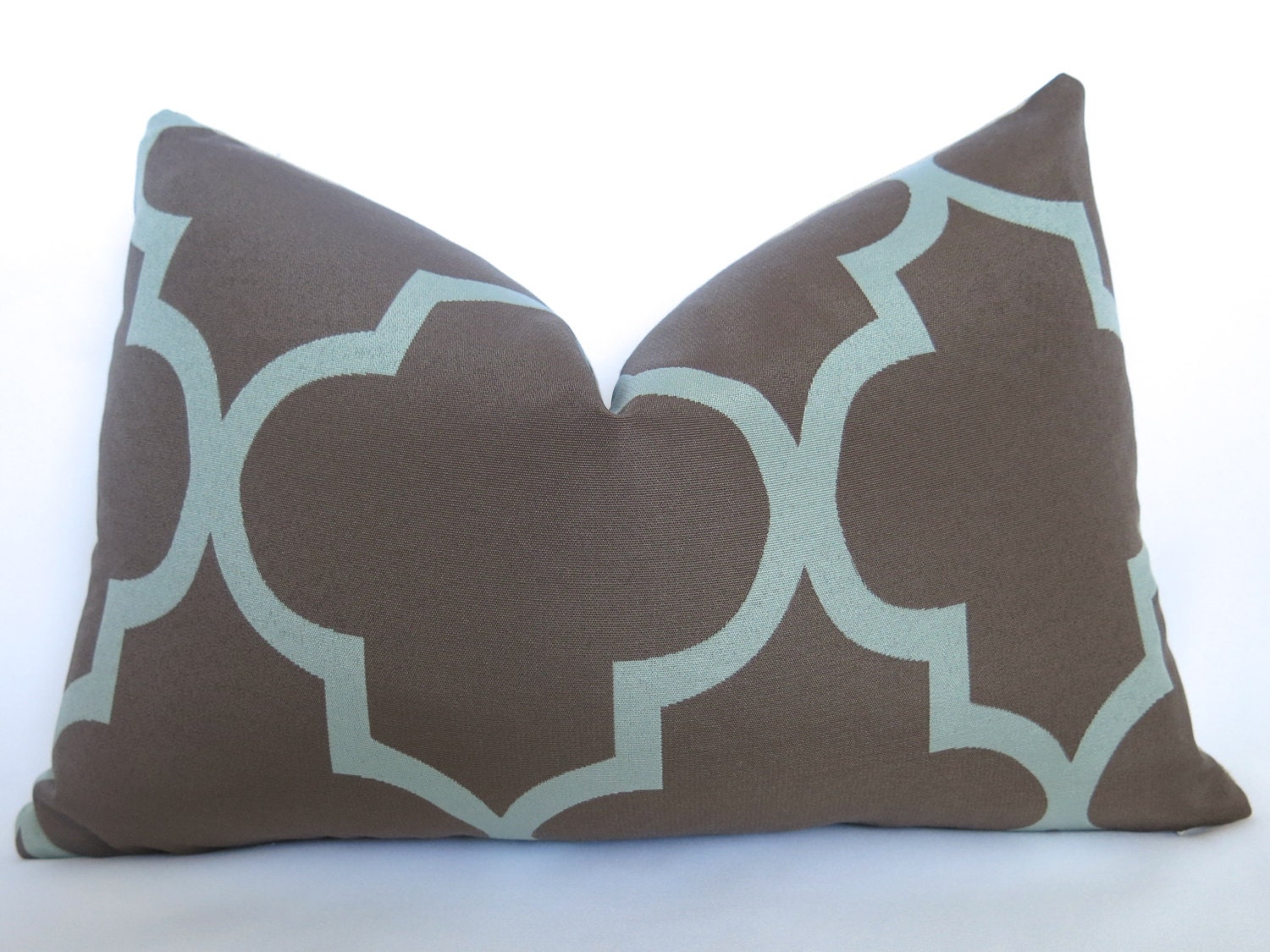 Moroccan Quatrefoil Lattice Designer Pillow - Taupe and Teal - 12x18 inch - Decoraitve Pillow - Trellis Pillow - Aqua Blue Pillow