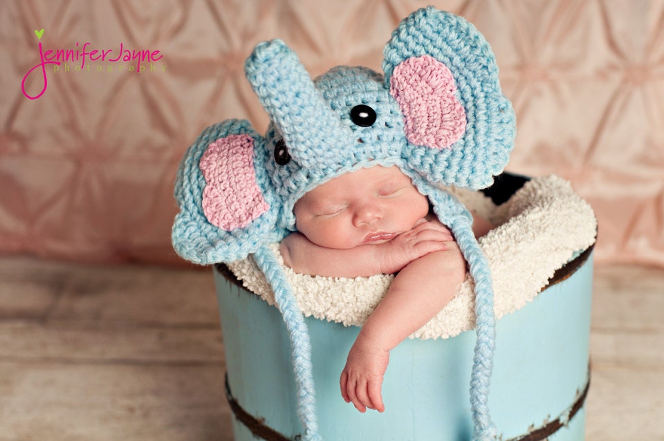 Instant Download PDF crochet pattern elephant hat  with earflap-  sizes 0-3 month only-etsy