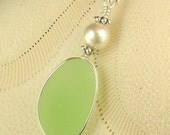 GENUINE Sea Foam Green Sea Glass Jewelry Wire Wrapped Necklace Sterling Silver And Pearl Eco Friendly