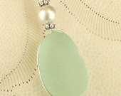 GENUINE Aqua Sea Glass Jewelry Wire Wrapped Necklace Sterling Silver And Pearl Eco Friendly