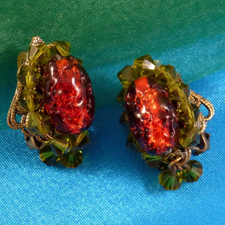 Vintage Hobe Glass Beaded Green and Orange Clip On  Dangle Earrings