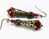 Long Brass Filigree Vintage Style Earrings with Red Crystals