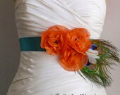 Teal and Orange Peacock Bridal Sash - BAYLEE - Teal and Orange Peacock Sash