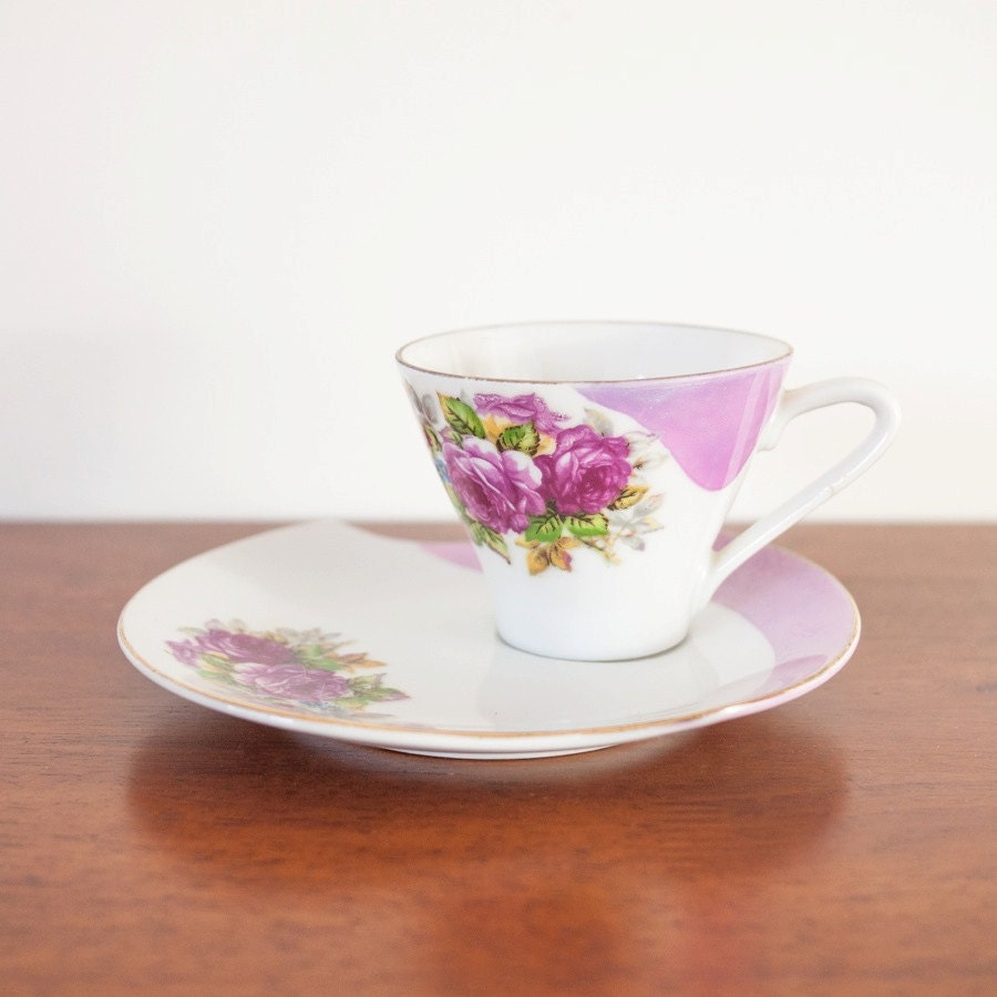 Vintage Fine China Pink Mauve FLORAL TEACUP and SAUCER Set Snack Plate