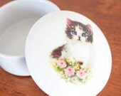 Vintage China TRINKET BOX Cat Kitten Japan Round Ceramic Bowl with Lid