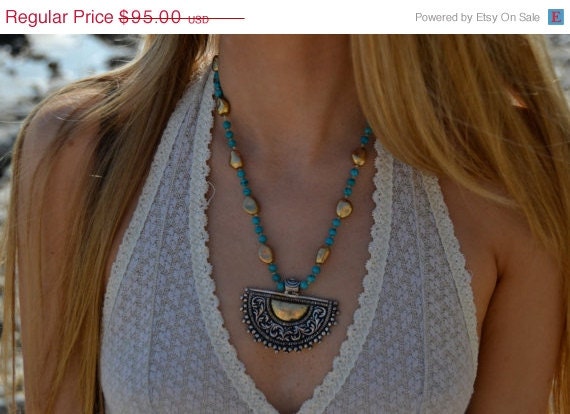 MEMORIAL DAY SALE Tribal Fan /// Boho Tribal Native Inspired /// Handcrafted Turquoise Layering Necklace