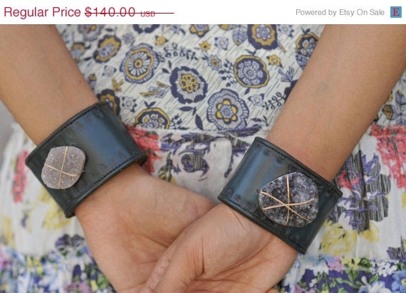 MEMORIAL DAY SALE Lux Recycled Leather Amethyst Druzy Gemstone Cuff , Leather Cuff, Recycled, Bohemian, Gypsy, One of a kind