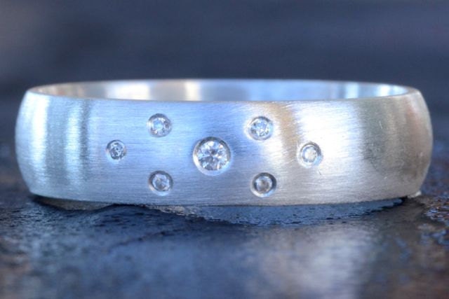 Seven Diamonds and Sterling Silver Wedding Band Half-Round Shank Ring 925 Handmade Size: 8