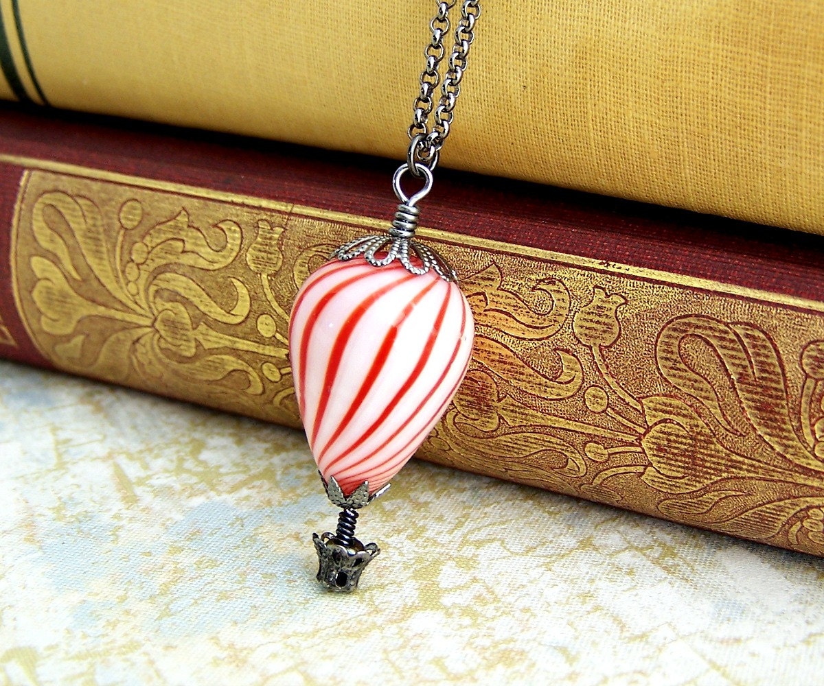 Red and White Candy Striped Hot Air Balloon Necklace - Steampunk Pendant - Hot Air Balloon Jewlery