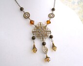 Victorian Necklace in amber tones with brass gears - Steampunk Necklace - Victorian Jewelry Statement Necklace