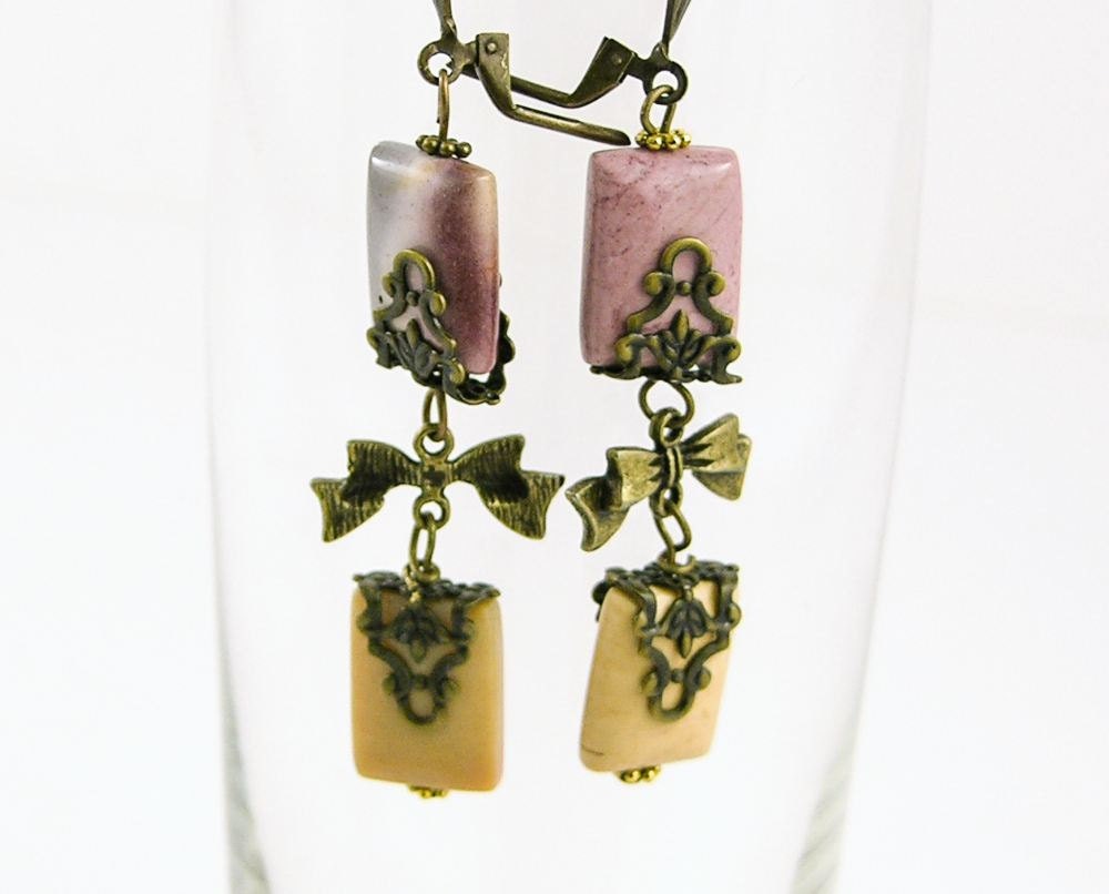 Earrings dangle vintage style antique gold filigree mookaite gemstone earth tones shabby chic free shipping teamt