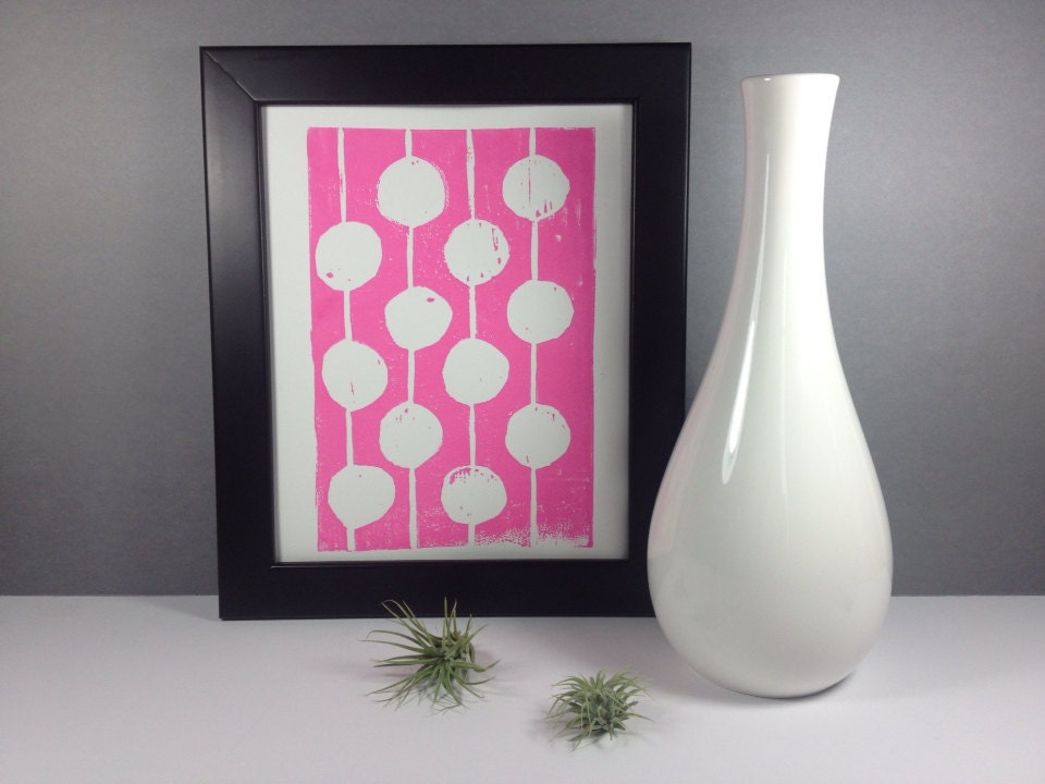 Modern Kid's Decor Pink and White Print Linocut Art - Bulbs 8x10 Polka dot