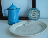 Vintage Blue Enamelware Coffee Pot Kettle Embroidery Hoop Fabric Doily Piece and Stone China Dresden Platter